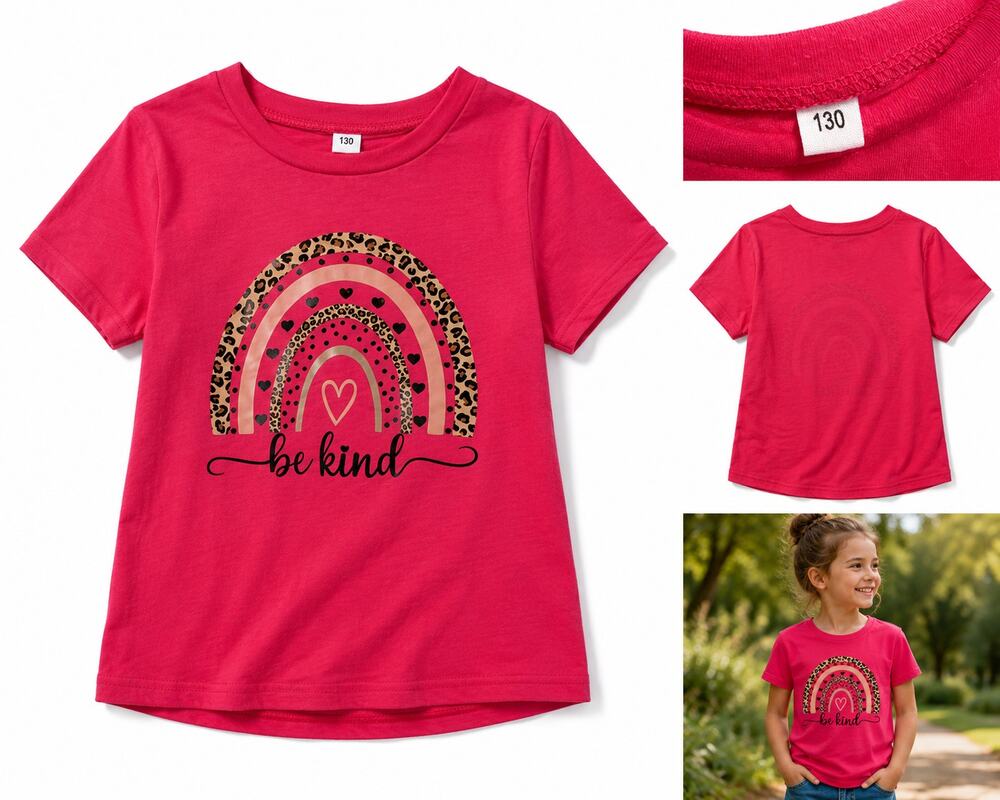 Girls "Be Kind" Rainbow Graphic T-Shirt – Bright Pink – US Kids Size 8